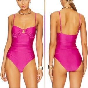 NWT Jonathan Simkhai Satin Ruched Cup Underwire Dragon Fruit Swimsuit Size S